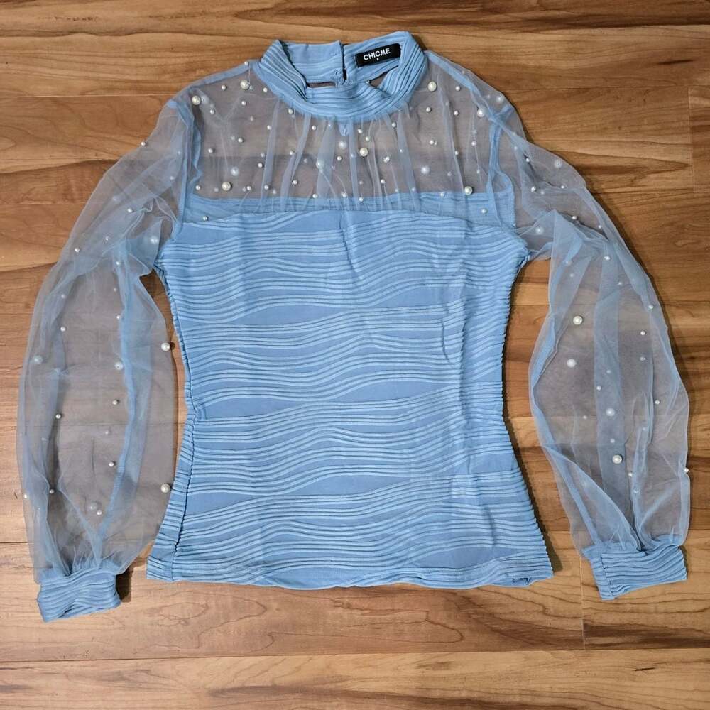 ChicMe Women's Pearl Decor High Neck Sheer Mesh shirt